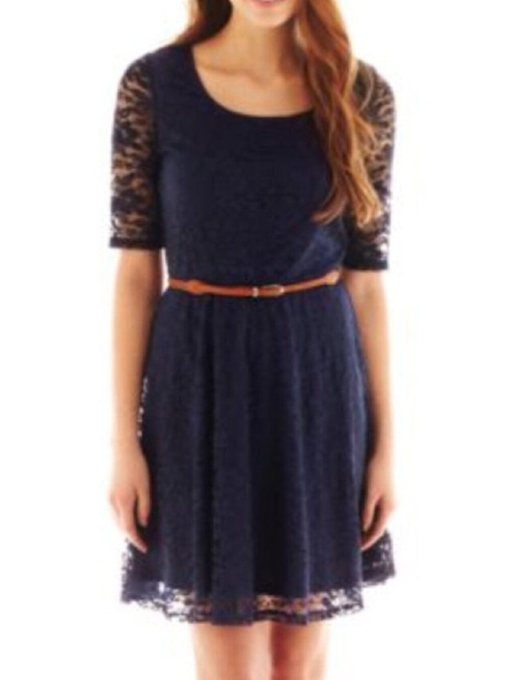 BY & BY / BY&BY Plus Size Navy Blue Lace Cutout Back Fit & Flare Dress NO BELT